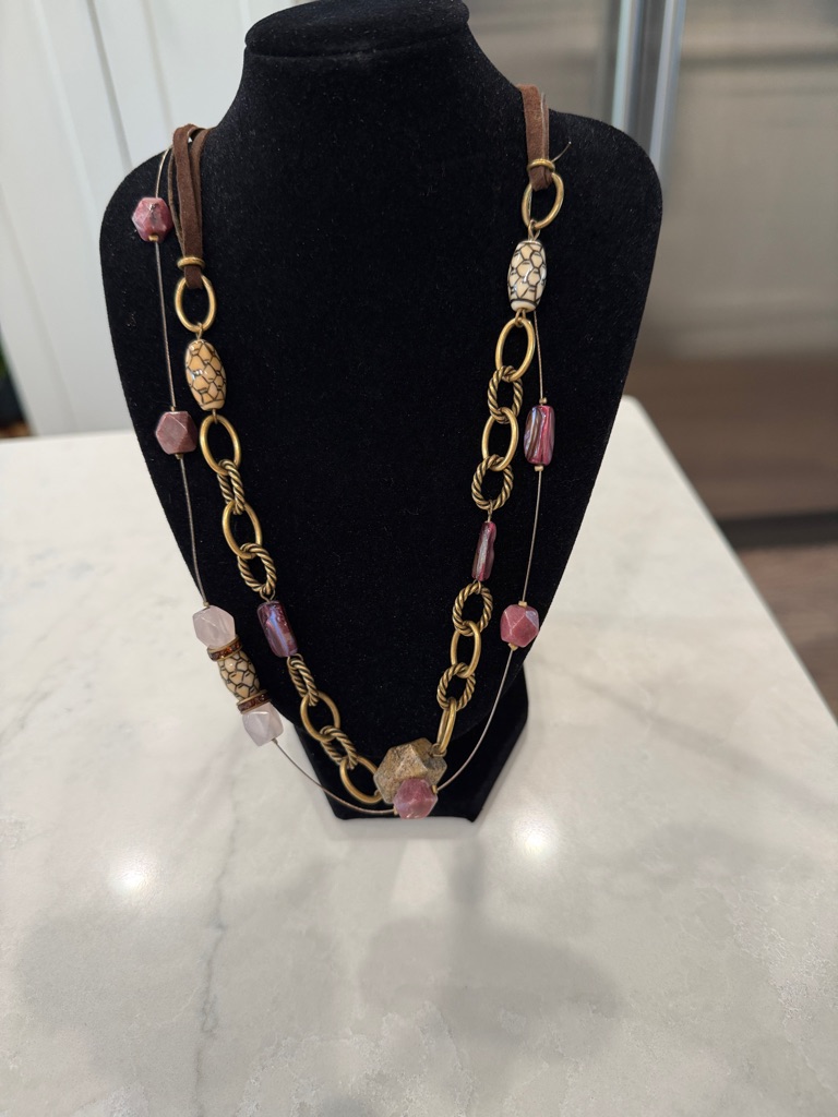 Chicos Pink Bead Antique Gold Multi-Strand Necklace 8$